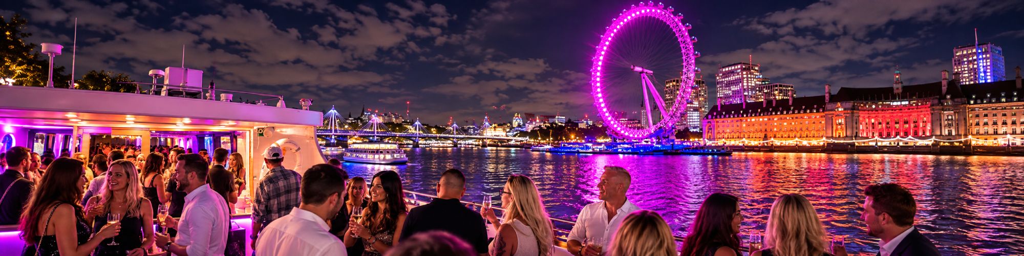 Uczestnicy rejsu na pokładzie z London Eye w tle